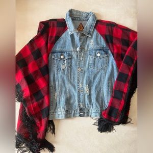Denim Jacket, shawl combo. Red/black checker shall w tassels.Fall weather ready.